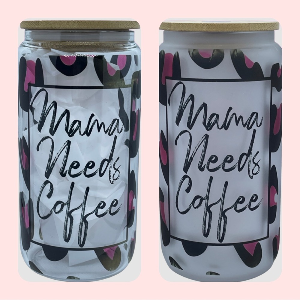 Mama needs coffee 16oz beer can glass with bamboo lid & straw. Clear or frosted